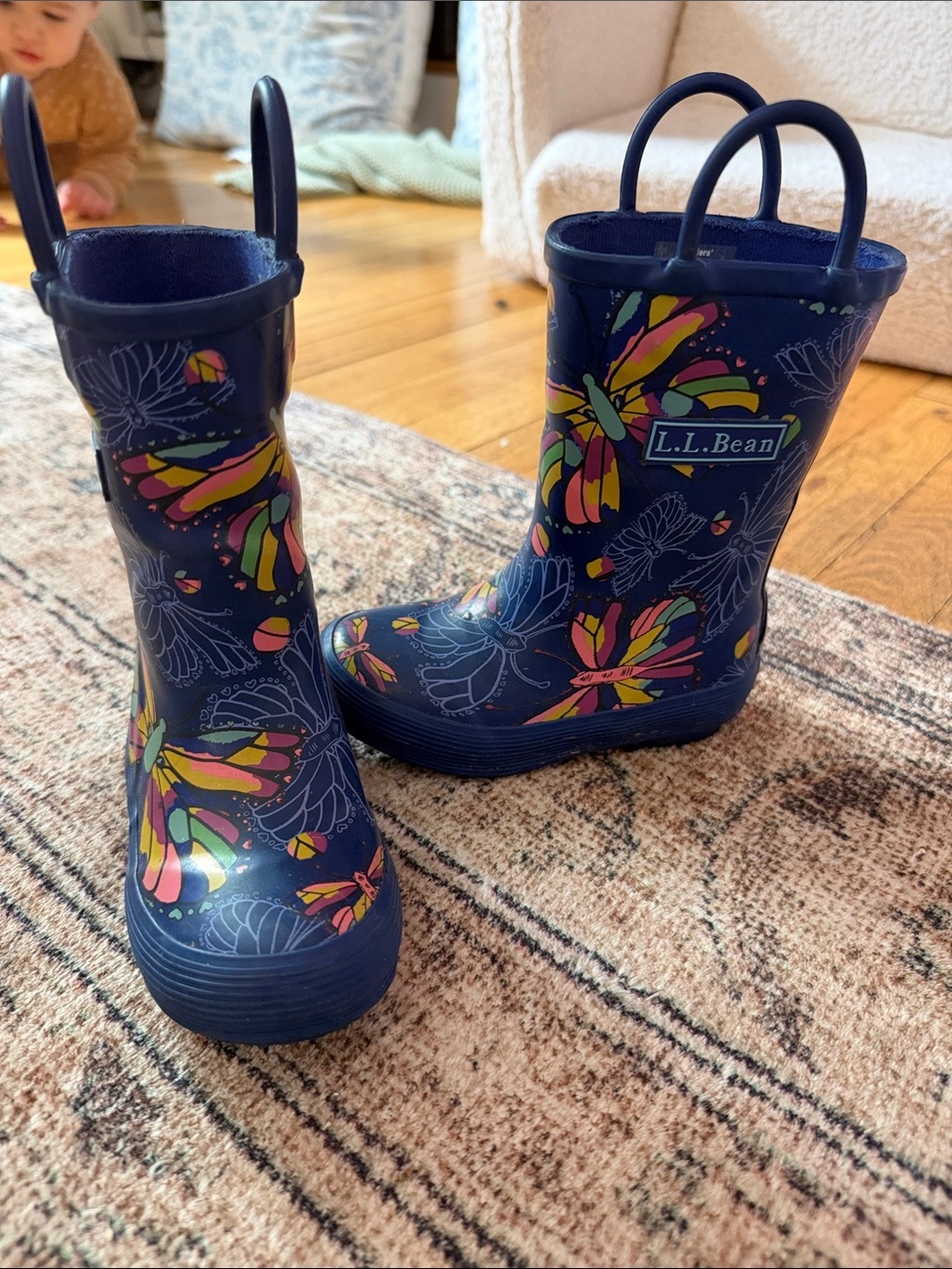 L.L. Bean Navy Kids' Rain Boots with Multicolor Floral Design